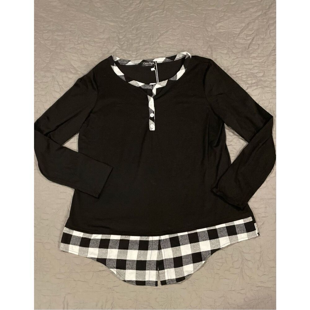 XL Black Stretchy Long Sleeve Top Black and White Flannel Bottom